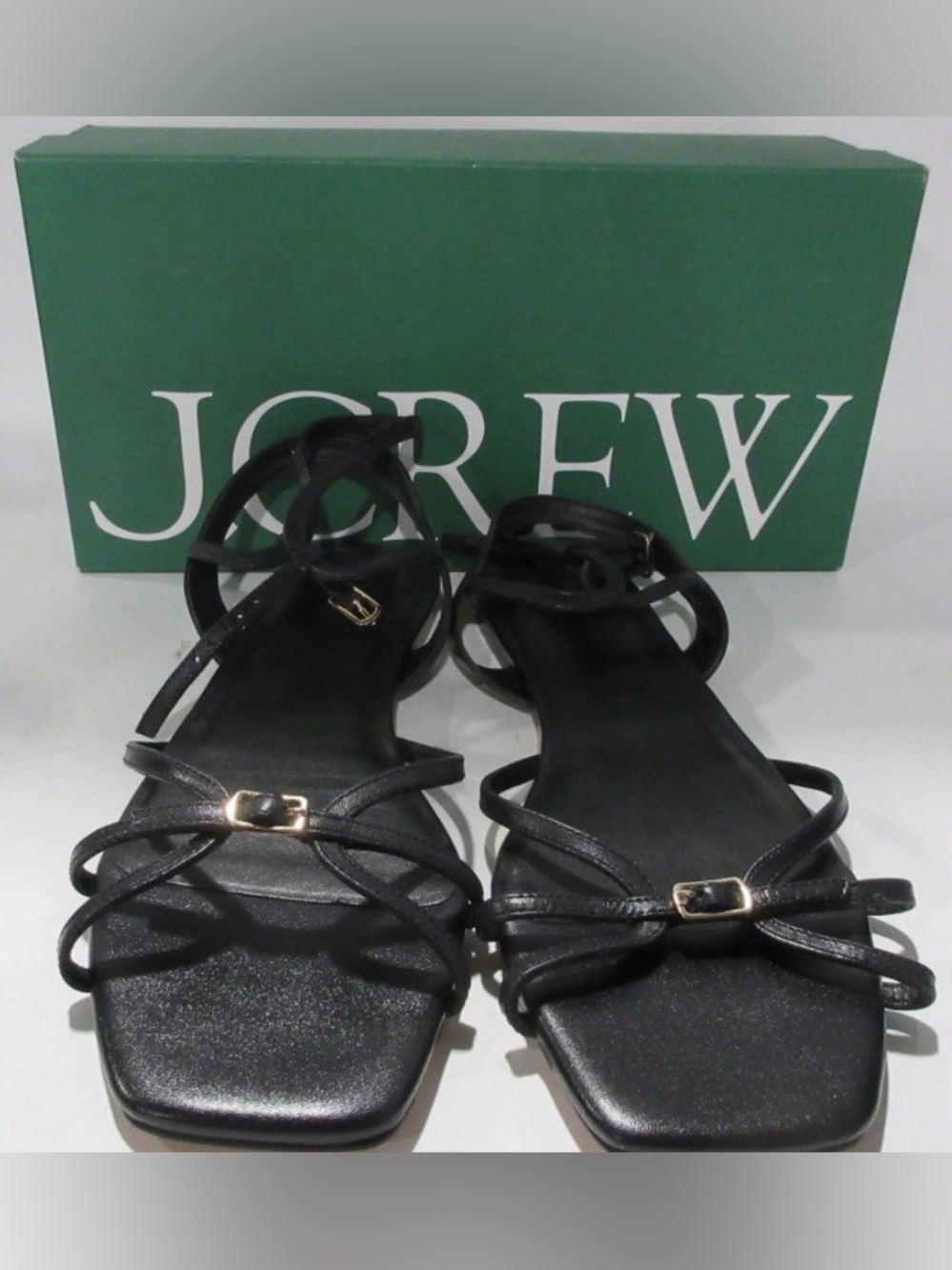 * New J. Crew Black Strappy Leather Buckle Details Flat SZ 10.5 Sandals *